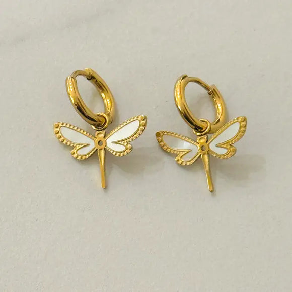 White Dragonfly Hoop Earrings 
