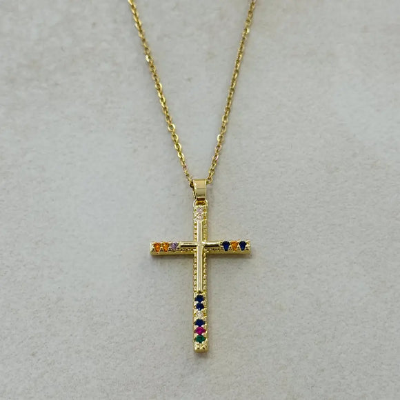 Cross Necklace w Multicolor Zirconias