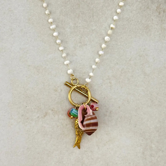 Bohem Summer Pearl Necklace w Fish and Seashell Pendants