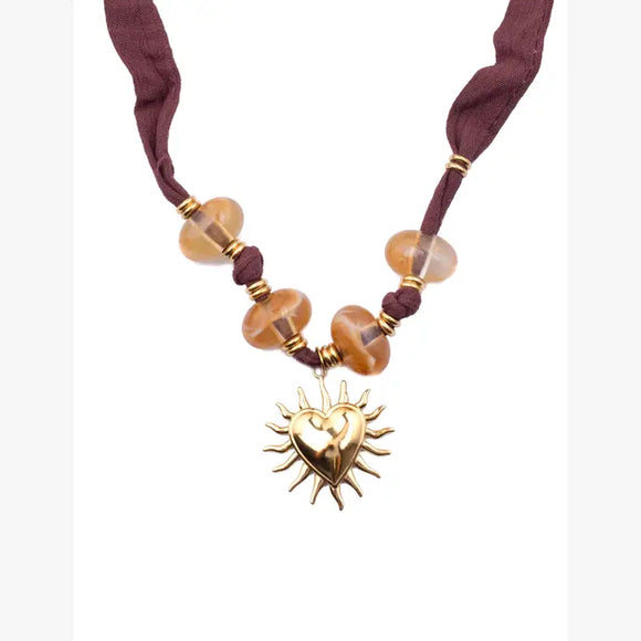 Bohem Heart Necklace  w Fabric Cordon