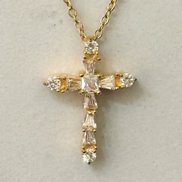 Cross Necklace w White Zirconias 
