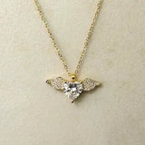 Heart with Wings Necklace w White Zirconias
