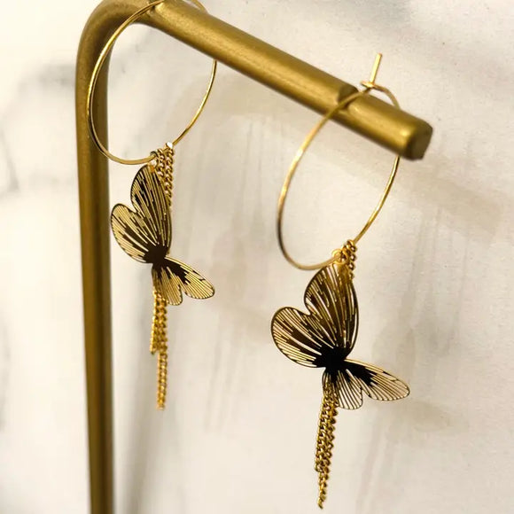 Laser Cut Butterfly Hoop Earrings w Chain Detail
