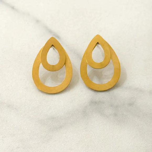 Double Drops Brushed Gold Stud Earrings  