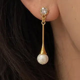 Efren Pearl Look Dangle Earrings W Zirconium Stones