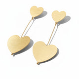Double Hearts Brushed Gold Dangle Earrings